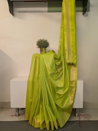 Katan Charm: Fluorescent Parrot Green Katan Silk Plain Saree with 3-Inch Gold Zari Border and Gold Line Pallu