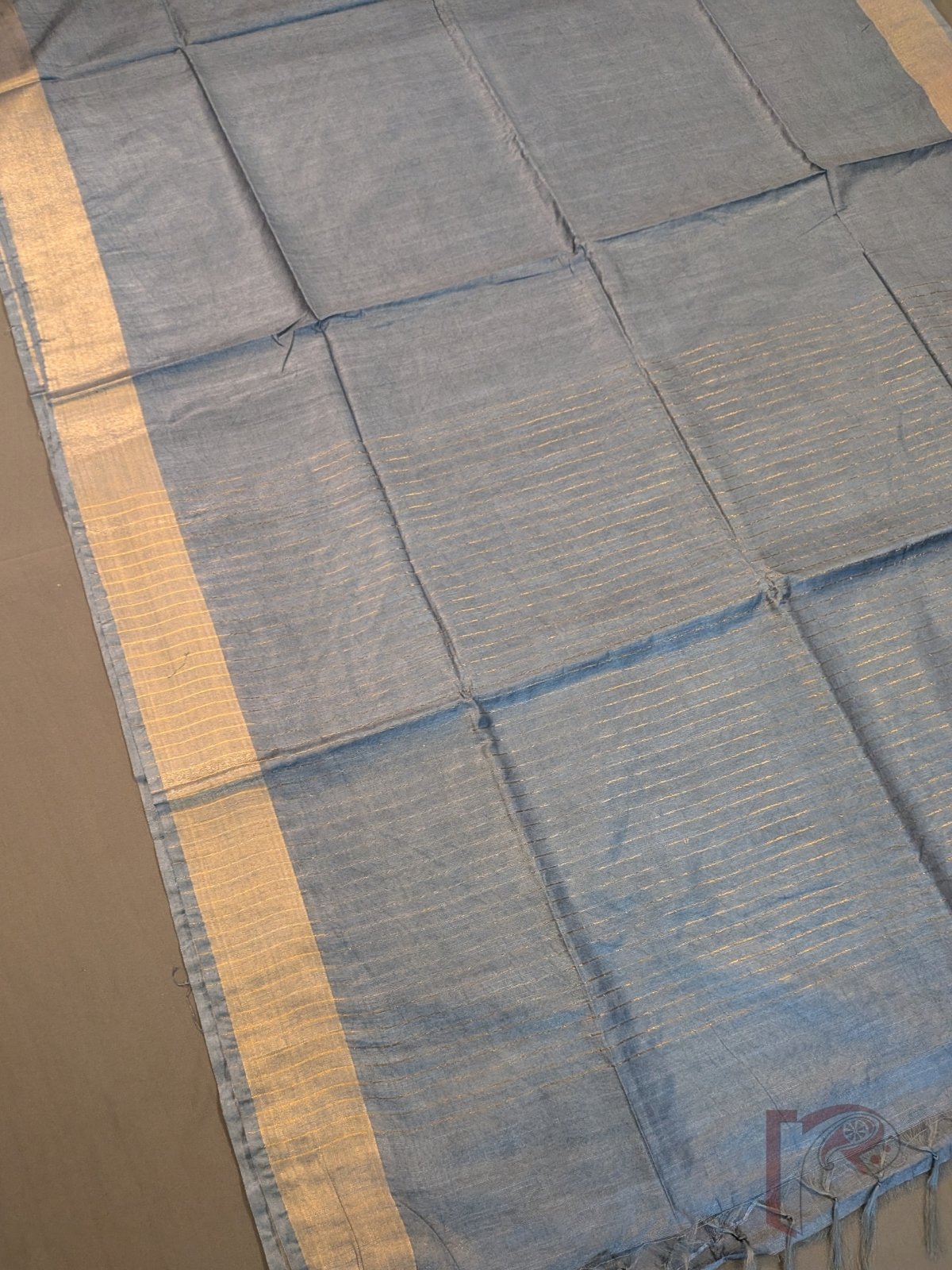 Katan Charm: Elegant Grey Katan Silk Plain Saree with 3-Inch Gold Zari Border and Minimal Gold Line - Image 3