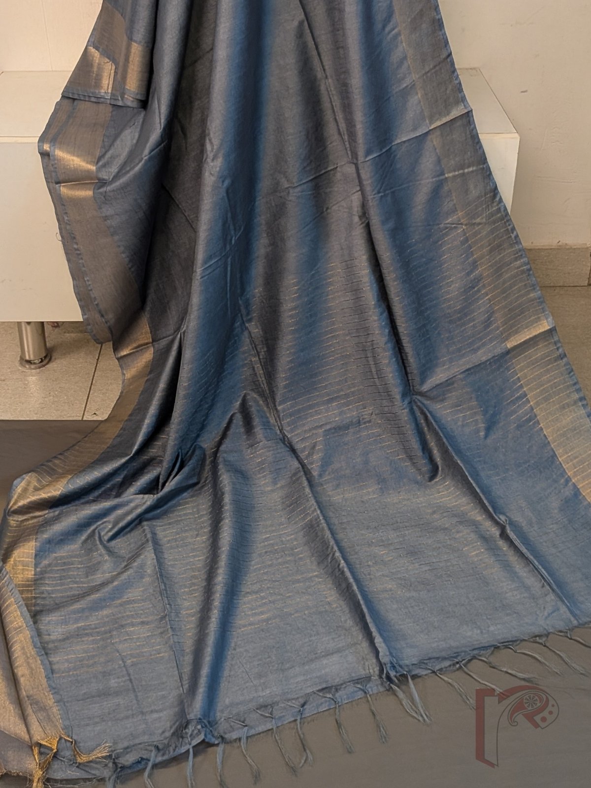 Katan Charm: Elegant Grey Katan Silk Plain Saree with 3-Inch Gold Zari Border and Minimal Gold Line - Image 6