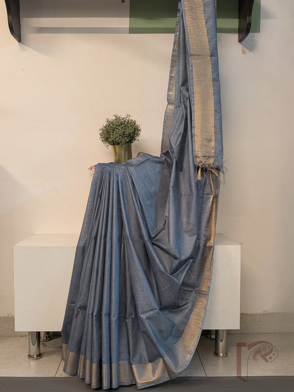 Katan Charm: Elegant Grey Katan Silk Plain Saree with 3-Inch Gold Zari Border and Minimal Gold Line