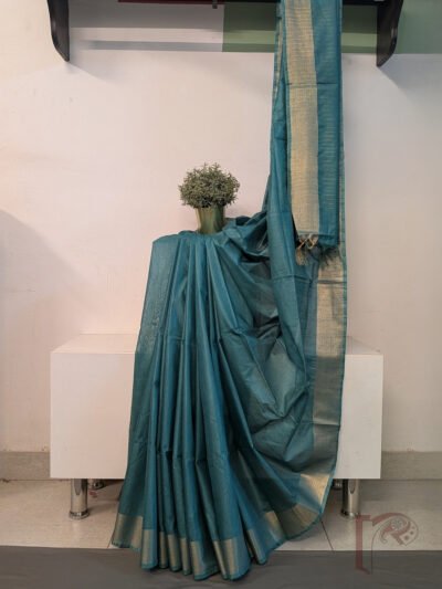 Katan Charm: Rich Teal Green Katan Silk Plain Saree with 3-Inch Gold Zari Border and Elegant Gold Line Pallu