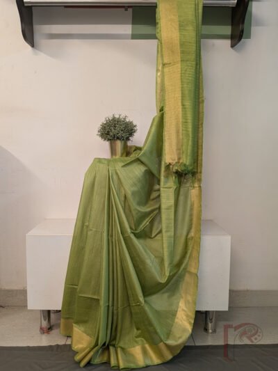 Katan Charm: Fresh Leaf Green Katan Silk Plain Saree with 3-Inch Gold Zari Border and Delicate Gold Line Pallu