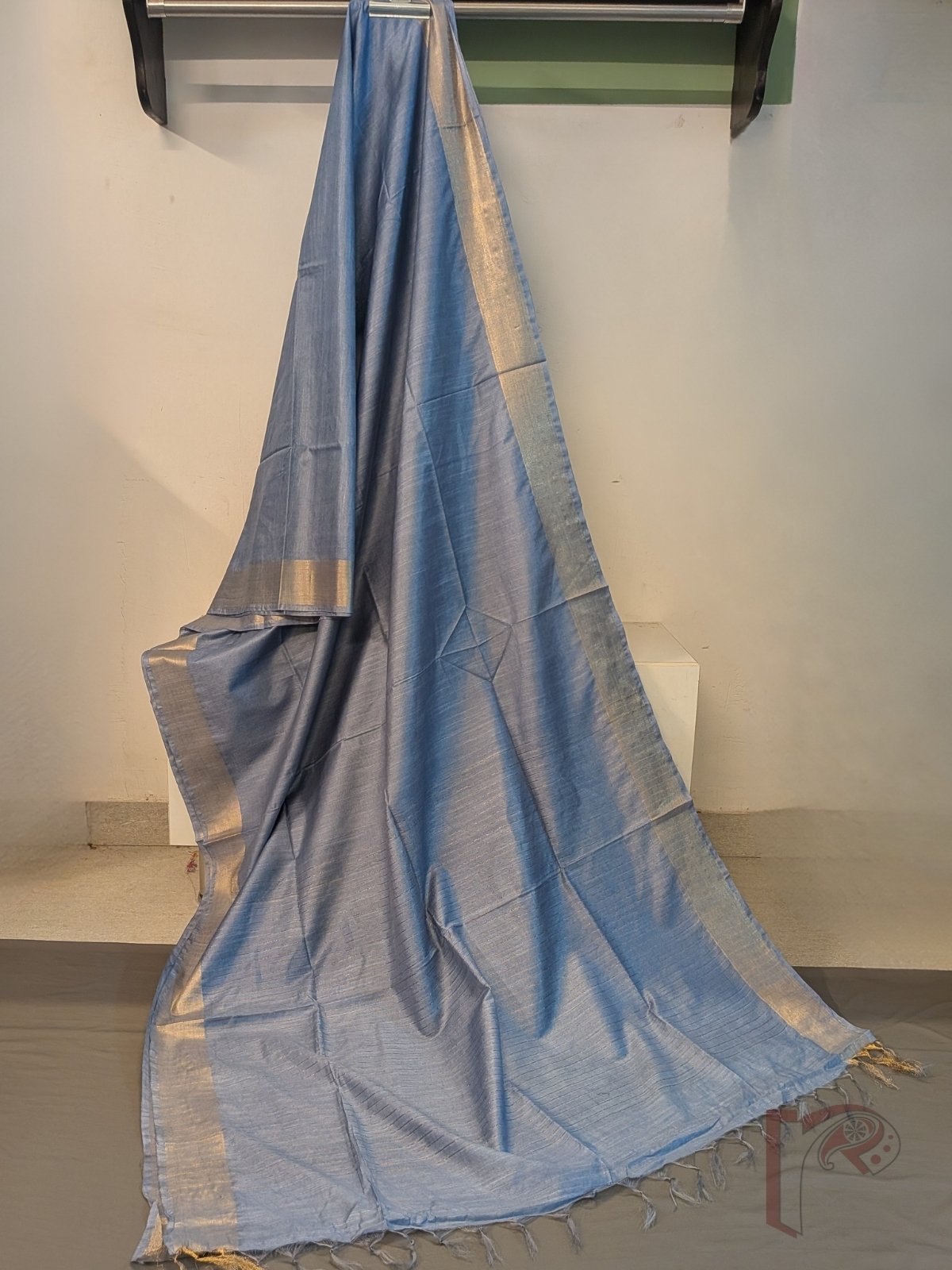 Katan Charm: Slate Blue Bluish Grey Katan Silk Plain Saree with 3-Inch Gold Zari Border and Minimal Gold Line Pallu - Image 2