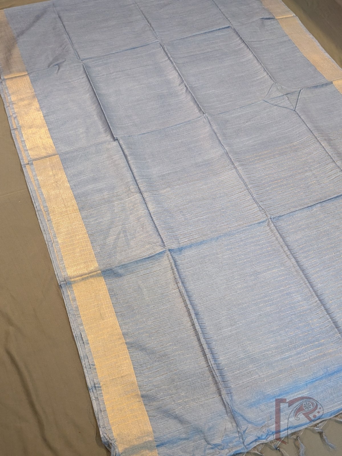 Katan Charm: Slate Blue Bluish Grey Katan Silk Plain Saree with 3-Inch Gold Zari Border and Minimal Gold Line Pallu - Image 3