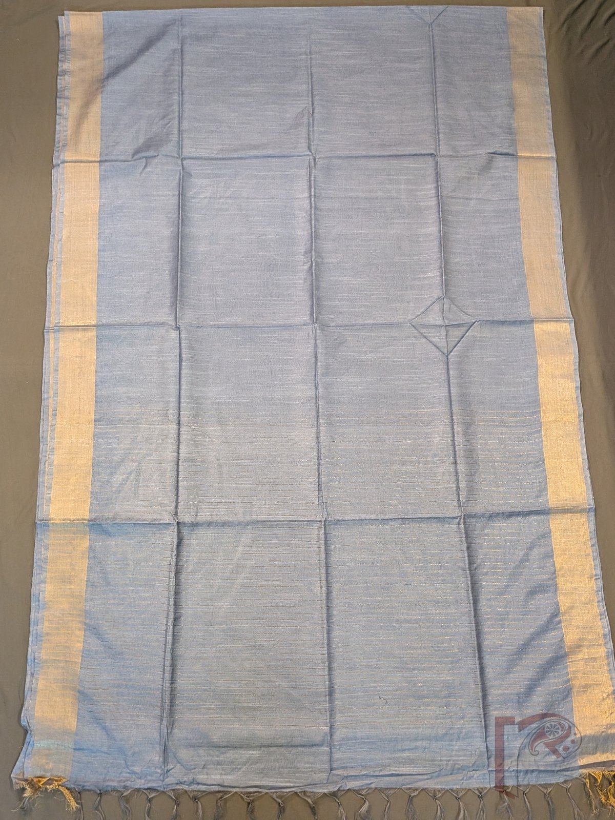 Katan Charm: Slate Blue Bluish Grey Katan Silk Plain Saree with 3-Inch Gold Zari Border and Minimal Gold Line Pallu - Image 5