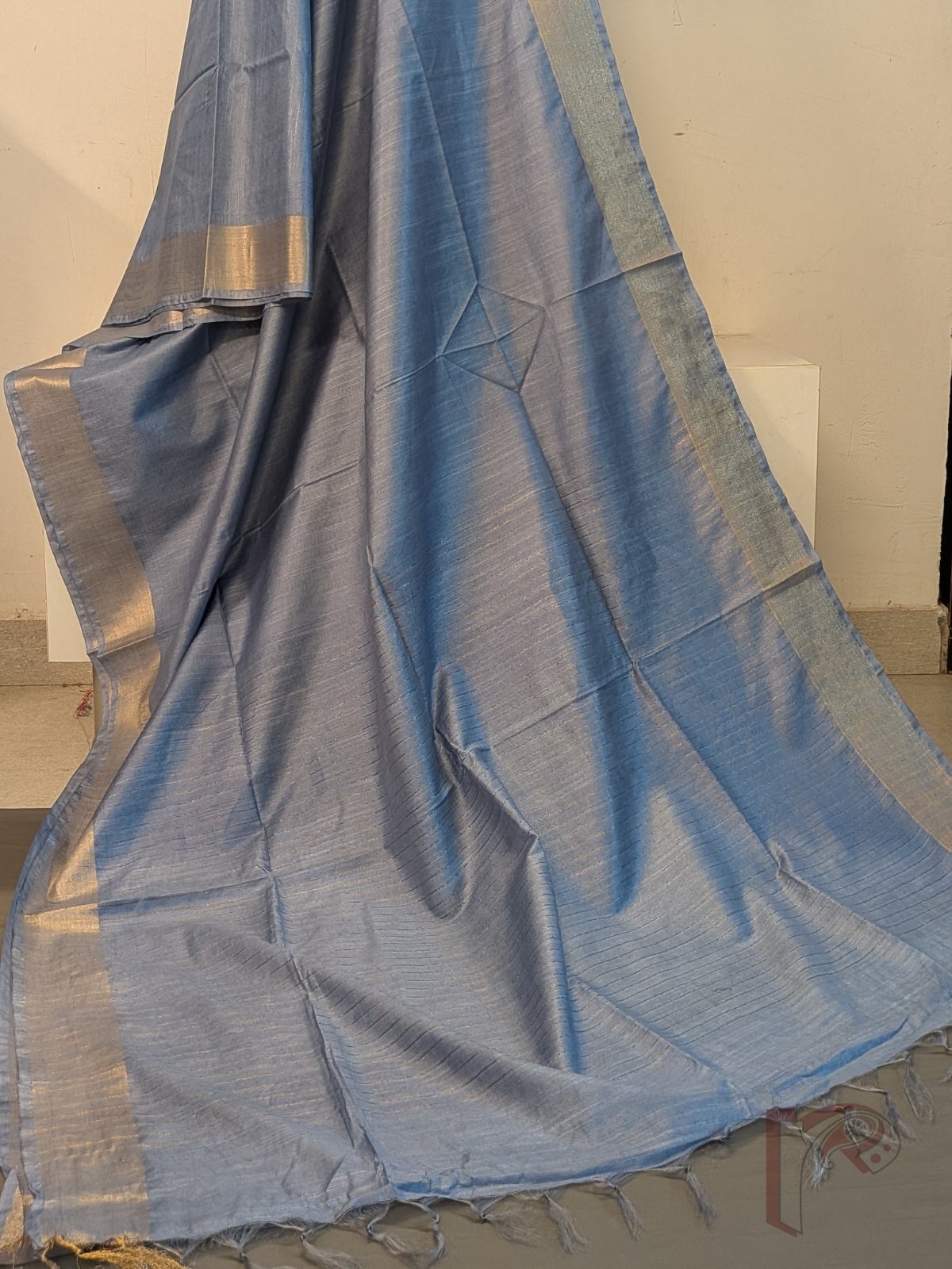 Katan Charm: Slate Blue Bluish Grey Katan Silk Plain Saree with 3-Inch Gold Zari Border and Minimal Gold Line Pallu - Image 6