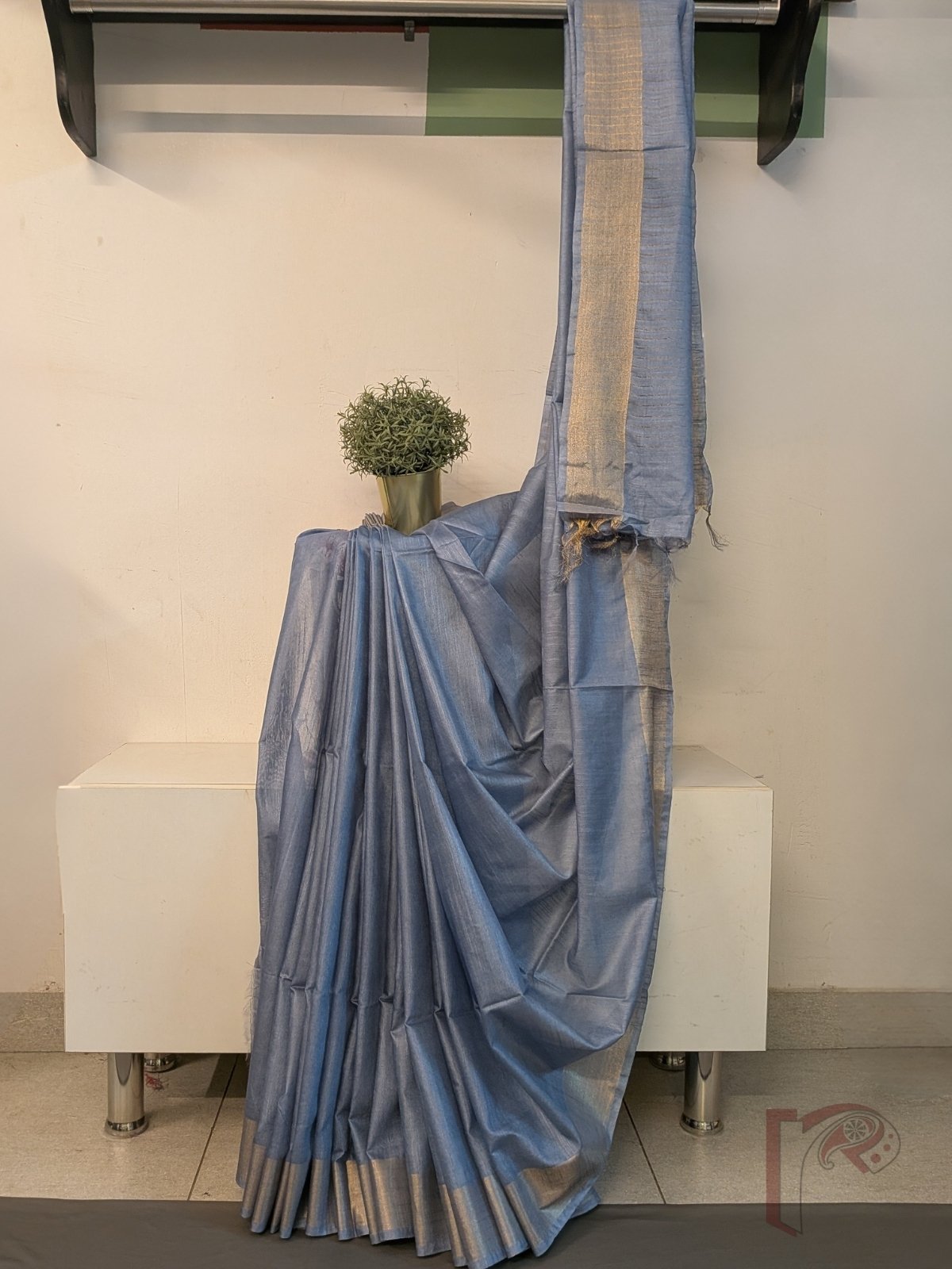 Katan Charm: Slate Blue Bluish Grey Katan Silk Plain Saree with 3-Inch Gold Zari Border and Minimal Gold Line Pallu